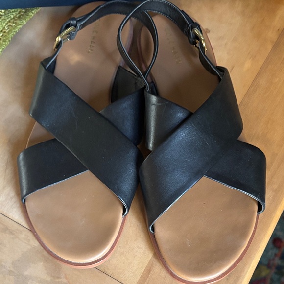 Cole Haan Black Leather Cross-Strap Sandals - Picture 4 of 6